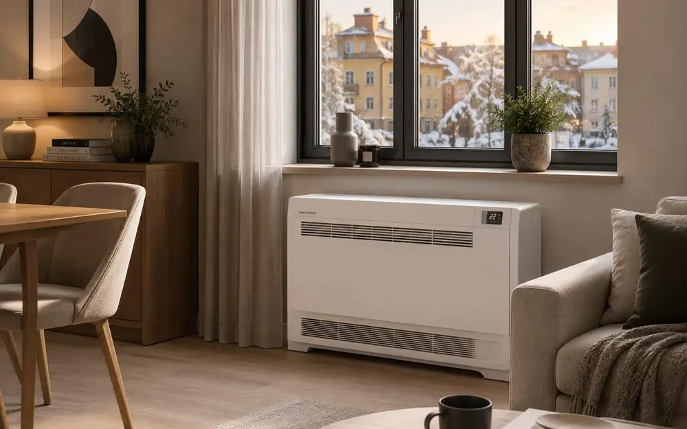 Salon en hiver, climatisation réversible en mode chaud sous la fenêtre